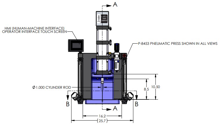 P-8302 Pneumatic Press Dimensions Front View