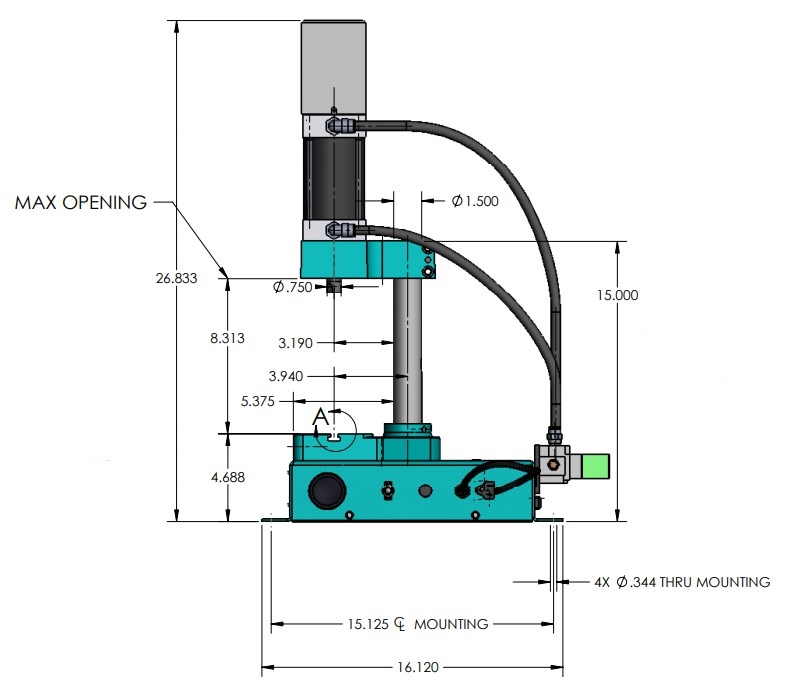 A-2066 Pneumatic Arbor Press Dimensions Side View