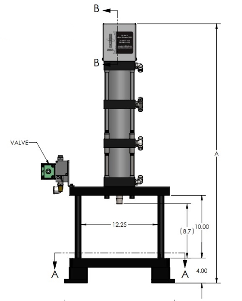 A-5453 Pneumatic Arbor Press Dimensions Front View