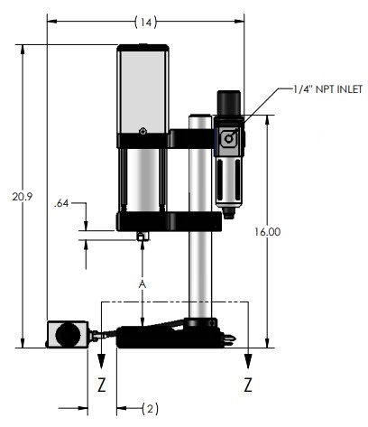 EC-66 Pneumatic Bench Arbor Press Dimensions Side View