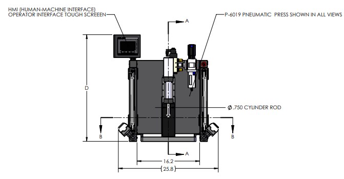 Side View of Press Dimensions for P-6019 Pneumatic Arbor Press