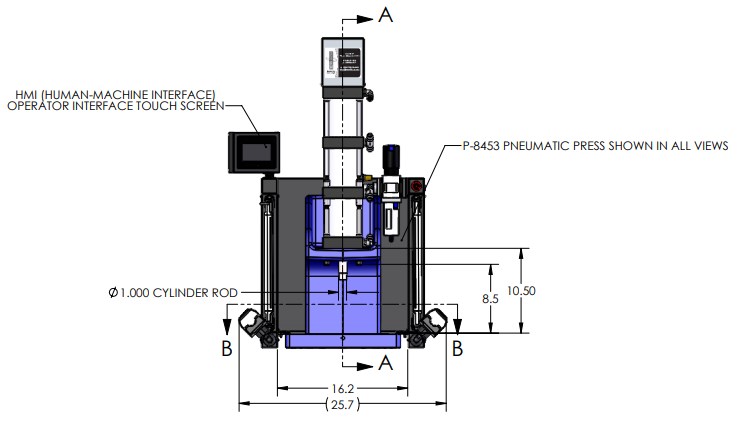 P-8453 Pneumatic Arbor Press Dimensions Front View